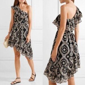 LoveShackFancy Pamela Eyelet Ruffled One Shoulder Asymmetrical Dress